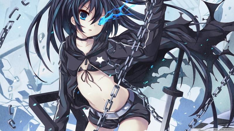 x, anime, sword, px, art, black, 1920x1080 px, 1080P, hd, Blue Eyes, Anime Girls, Black Rock Shooter, fantasy, abstract, blue, eyes, rock, shooter, girls