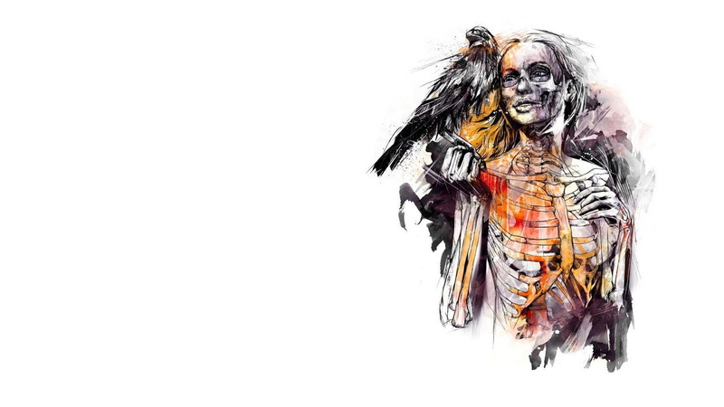 studio shot, creativity, close-up, indoors, no people, black color, cut out, mask, 1080P, copy space, still life, representation, white background, digital art skeleton death women face drawing crow raven birds bones white background