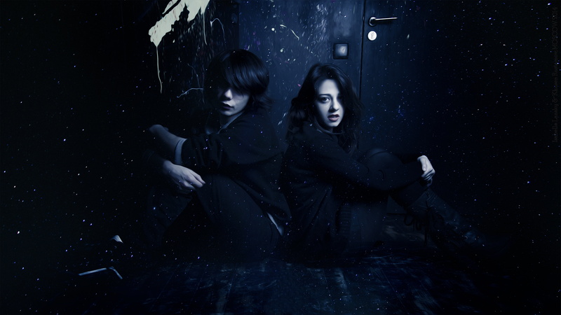 standing, vampire teeth, fog, spooky, looking at camera, black background, emotion, dark, young women, girl, man, women, young Adult, caucasian Ethnicity