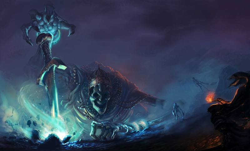 crown, fire, magic, 1080P, king, fantasy, skulls, Skeletons, artwork, creature, dark, sword, fantasy art, weapon