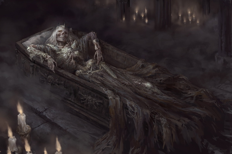 grave, warrior, crown, king, 1080P, fantasy, artwork, Skeleton, fantasy art, sword, candles, dark