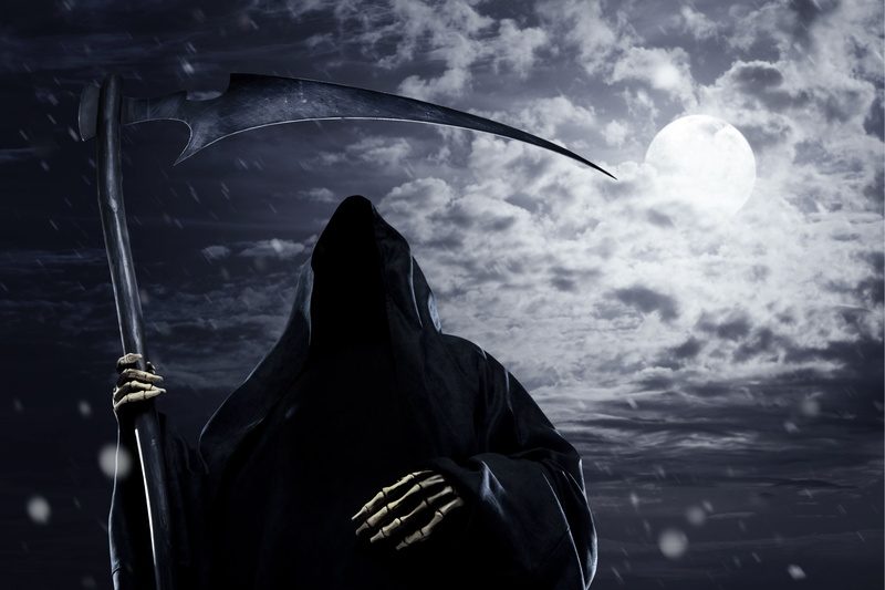 Grim Reaper, cloud - sky, sky, low angle view, skeleton, males, mask - Disguise, holding, aggression, ninja, warrior, danger, fear, sickle, digital