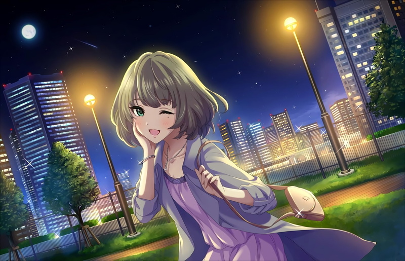 night, blond hair, portrait, beauty, young adult, Anime, adult, hair, outdoors, illuminated, hairstyle, the idolmaster cinderella girls, beautiful woman