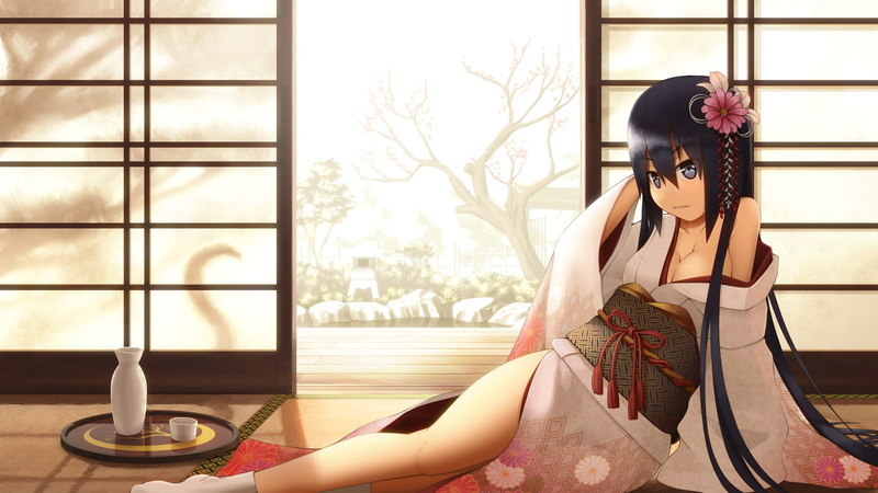 hot, long, water, kimono, sake, cleavage, tree, clothes, original, spring, black, hair, 720P, sakais3211, socks, japanese