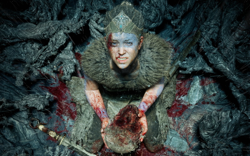 Hellblade Senuas Sacrifice, 2K, men, high angle view, one person, directly above, sake, head, adult, blade, toothy smile, front view, mature adult, game