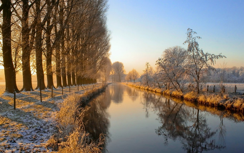 landscape, change, tree, ice, sunset, no people, bare tree, nature, lake, painting, sky, brown, near, house, river, scenics - nature, water, beauty in nature