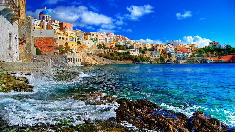 summer, europe, greece, city, sea, body of water, 1080P, water, syros, wave, sunshine, sea shore, holiday, sky, shore, coast