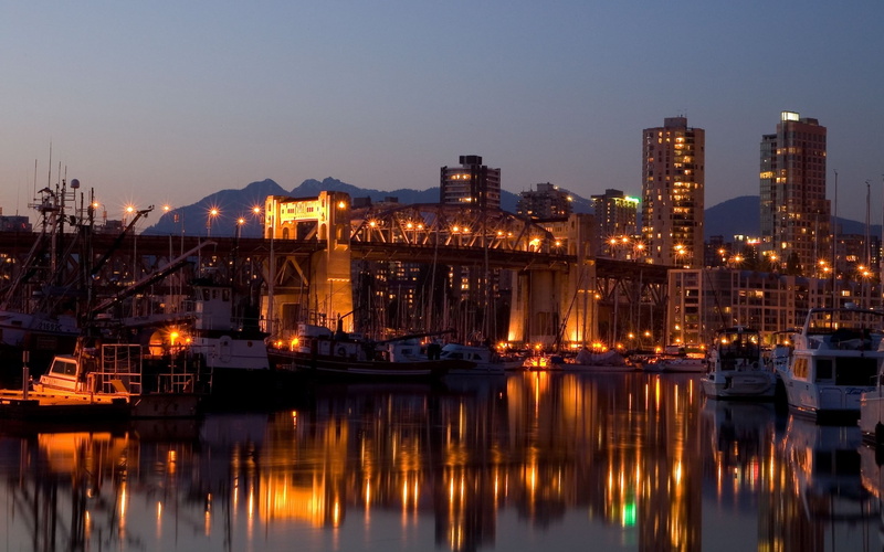 Vancouver, cityscape, boat, 2K, bridge, harbor, city lights