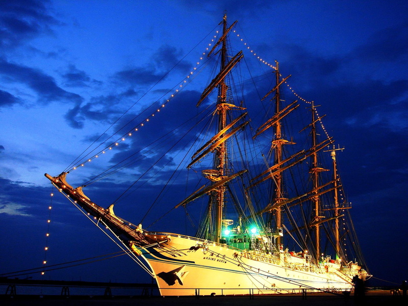 anchored, sailboat, 1080P, shore, boats, sail boat, night, rest