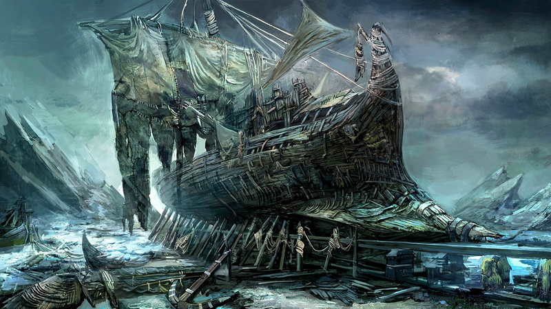 sailing ship, abandoned, painting, rock, sea, ship, anchors, artwork, clouds, 1080P