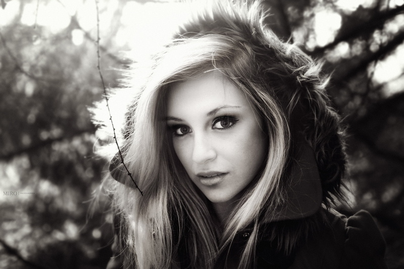 front view, day, focus on foreground, nature, portrait, outdoors, contemplation, monochrome, hairstyle, one person, warm clothing, young adult, Miro Hofmann