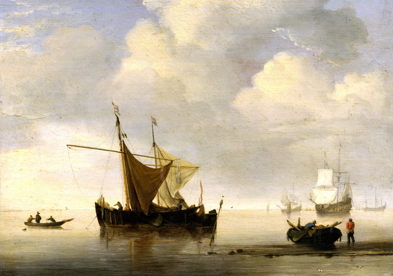 sail, There was no wind. Two Dutch Ship, cloud - sky, Willem van de Velde, mode of transportation, nautical vessel, sea, water, nature, waterfront, people