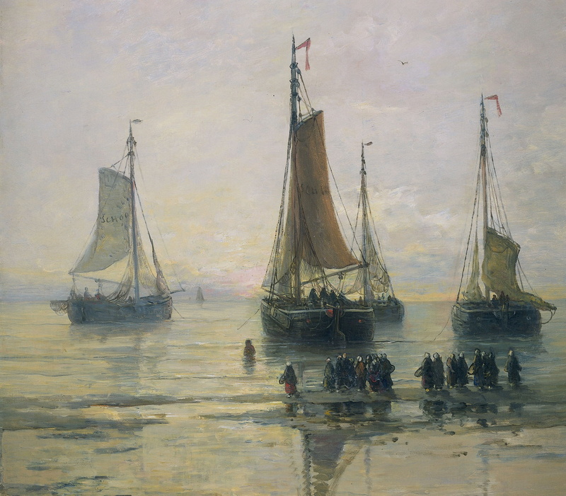1080P, canvas, Scheveningse Fishing boats at Anchor, seascape, picture, sail, Hendrik Willem Mesdag, people, ship, oil, boat