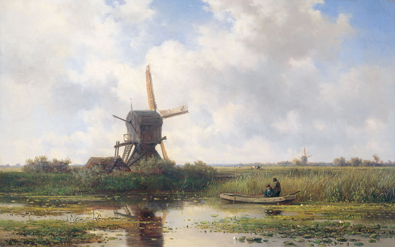 Abcoude is a village on the River Gein, Willem Roelofs, boat, 1080P, landscape, windmill, oil, picture, canvas