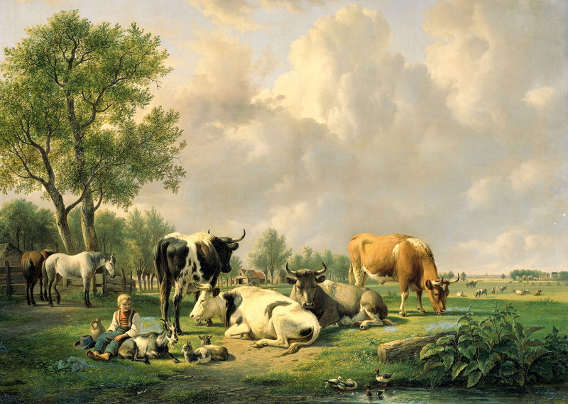 1080P, Jan van Ravenswaay, picture, Meadow with Cattle, oil, animals, canvas