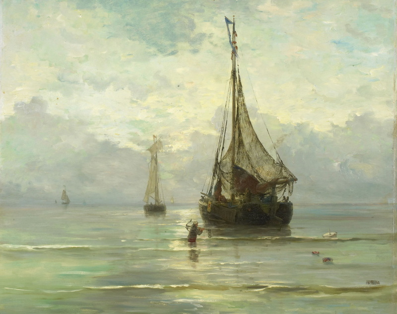 ship, boat, picture, Calm Sea, 1080P, sail, seascape, Hendrik Willem Mesdag, canvas, oil