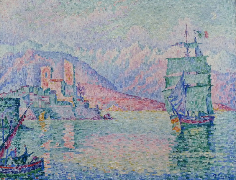 seascape, pointillism, ship, picture, sail, 1080P, Paul Signac, Antibes. The evening