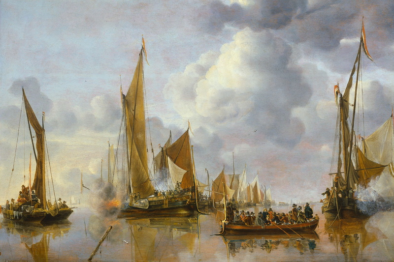 sail, seascape, 1080P, Jan van de Capelle, Salute to the Government Sloop, picture, ship