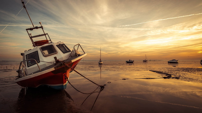 scenics - nature, nature, travel, water, fishing industry, fishing boat, sky, sea, nautical vessel, moored, sailboat, 1080P, mode of transportation, sunset