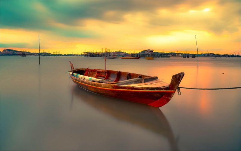 water, sea, tranquil scene, nautical vessel, moored, fishing boat, dramatic sky, scenics - nature, no people, orange color, beauty in nature, mode of transportation