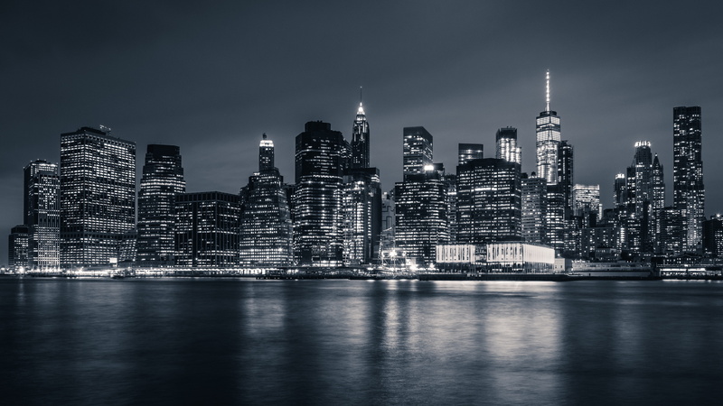 downtown, cityscape, skyline, metropolis, black and white, night, 4K, skyscrapers, monochrome photography