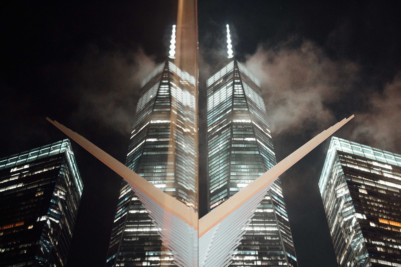 modern, nyc, no people, oculus, building, manhattan, dark, downtown, financial district, cloud - sky, tower, nature, mood, light, lights, night, 5K, built structure