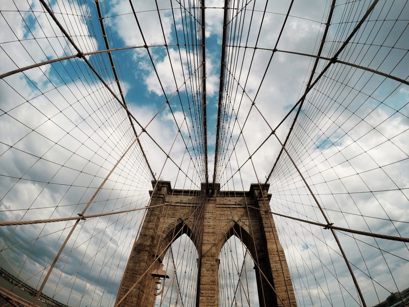 low angle view, sky, cloud - sky, architecture, nyc, brooklyn, bridge - man made structure, tourism, built structure, outdoors, nature, city, 4K, united states