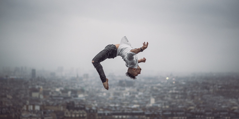 adult, freedom, young adult, black, flying, nature, sky, one person, cityscape, vitality, mid-air, buildings, outdoors, men, flipping, Paris, backflip