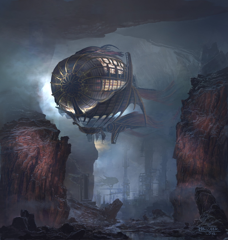 2K, artwork, aircraft, lights, rocks, Michal Matczak, airships, steampunk airship, concept art, smoke, Zeppelin, industrial, fantasy art, cave, steampunk