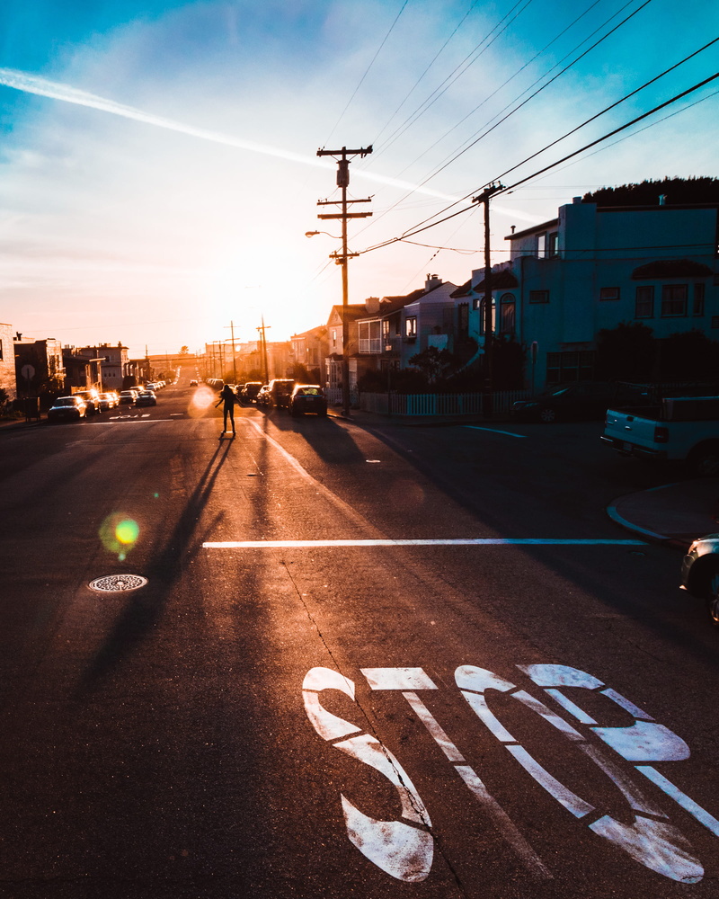 lens flare, road, sunset, city, 2K, sunset district, sky, shred, street, no people, power supply, symbol, marking, cloud - sky, building exterior, direction