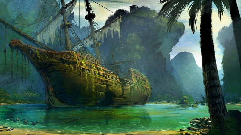 mast, Bay, 1080P, abandoned, ship, algae, mysterious, rocky shore, Palma, torn sails, shipwreck