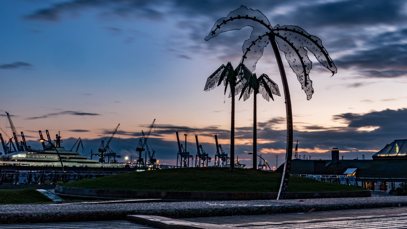 5K, port city, land, sky, water, palm tree, harbor, shipping, commercial dock, hamburg, sunset, moored, port, nature, cranes, transportation, sea, sailboat
