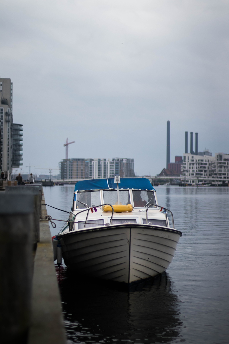 moored, vessel, nature, copenhagen, river, icon, cloud - sky, blue, sign, office building exterior, skyscraper, 5K, nautical vessel, rain, transport, water