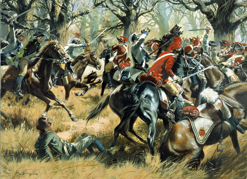 horse, Cowpens, fight, January 17, 5K, artist don Troiani, weapons, oil, American Dragoons, equipment, canvas, battle, picture, South Carolina, English cavalry