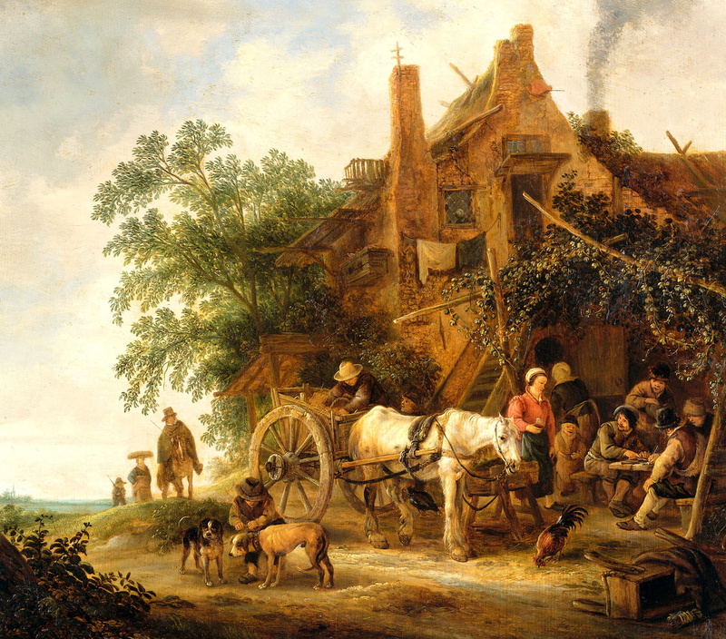 landscape, Isaac van Ostade, 1080P, Coaching Inn with a Horse-Drawn, picture, oil, tree