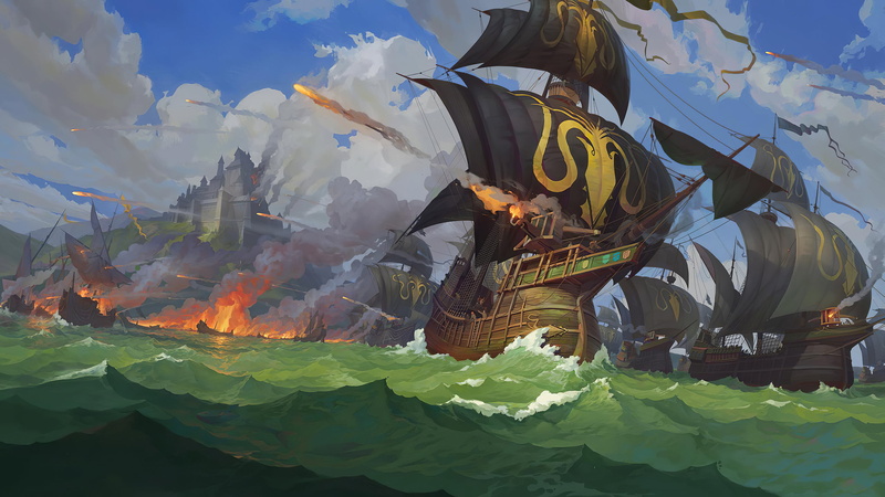 digital art, battle, daylight, sailing, fleet, 2K, ship, sea, water, fantasy art