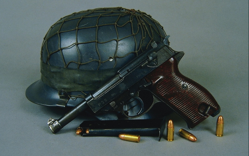 2K, violence, sign, warning sign, ammunition, no people, studio shot, communication, close-up, equipment, handgun, aggression, table, Walther P38, leather