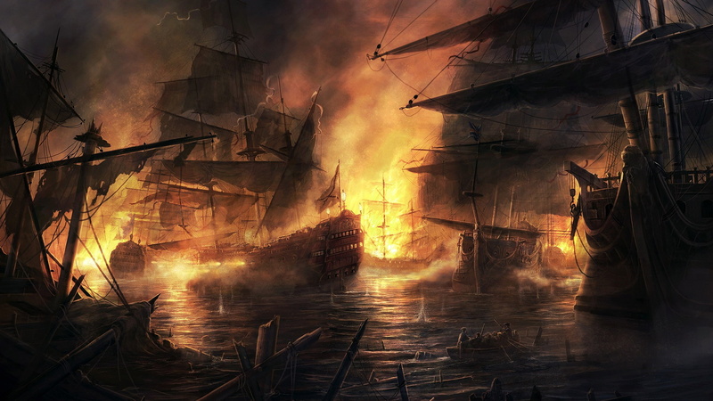 sailing ship, fire, smoke, armada, 1080P, Empire: Total War, cannons