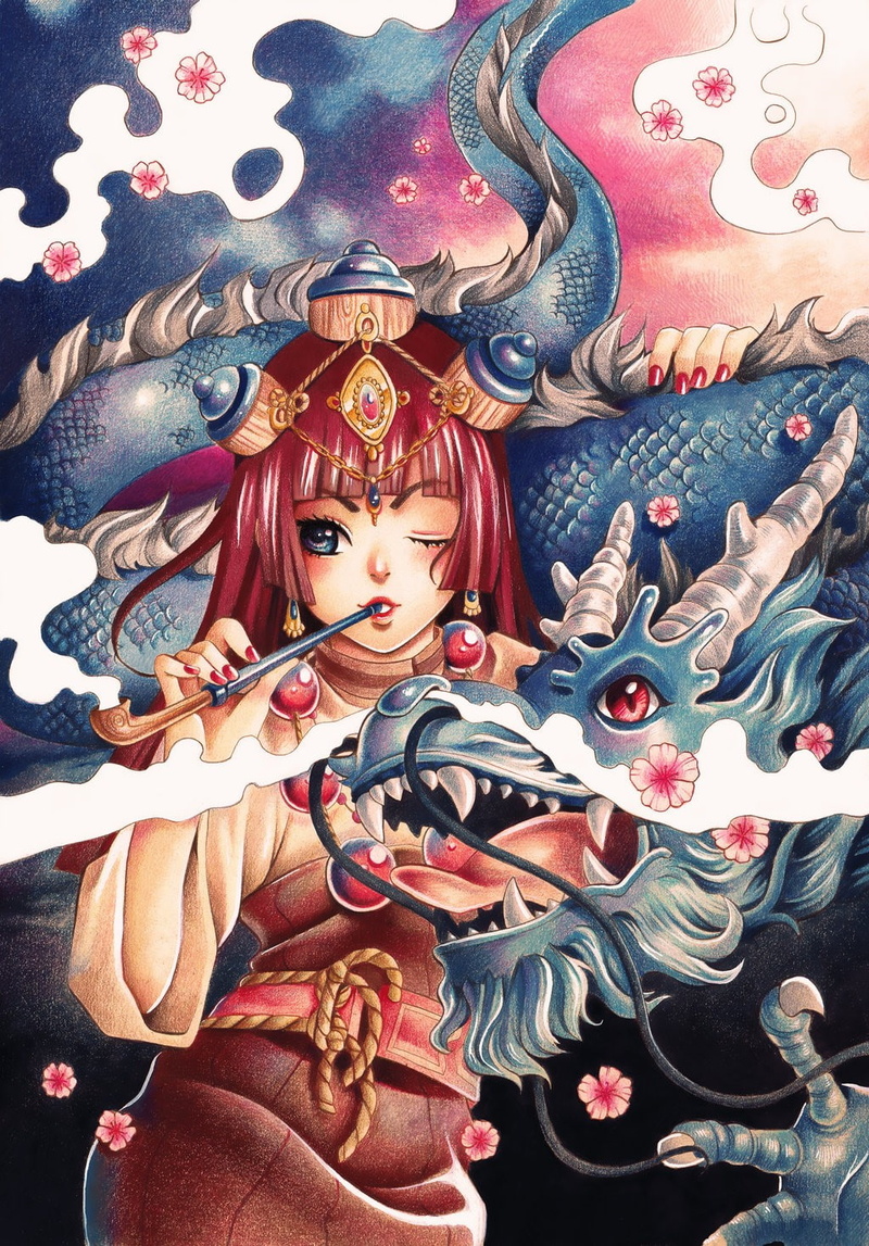 traditional clothing, anime girls, dragon, artwork, 720P