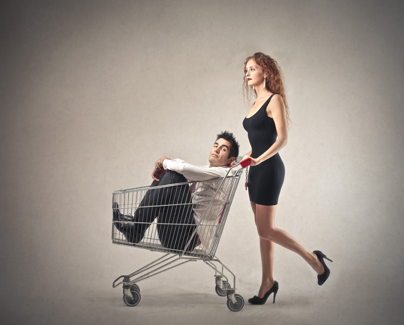 couple - relationship, humor, full length, people, togetherness, shopping cart, legs, young couple, consumerism, shopping, retail, young adult, men, high heels