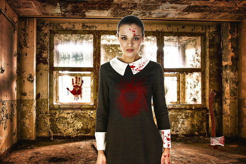 gothic, hairstyle, death, axe, front view, female, black, architecture, indoors, girls, bloody, beauty, teenager, woman, three quarter length, dress, bloody hand print