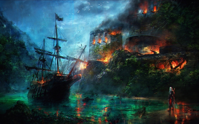 fire - natural phenomenon, nautical vessel, sailing ship, ruined, sinking, Fire, mode of transportation, Ship, 720P, motion, Assassins Creed, night, communication