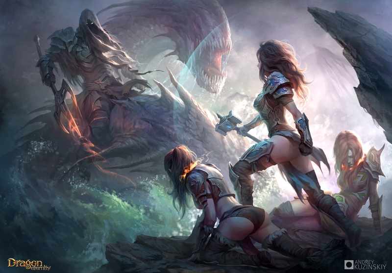 the demon, warrior, dragon, Dragon Eternity, 4K, art, Dragons Of Eternity, Andrew Kosinski, girls