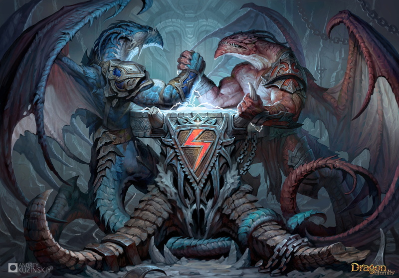 art, Dragons Of Eternity, arm wrestling, Andrew Kosinski, Dragon Eternity, coat of arms, 2K, dragons
