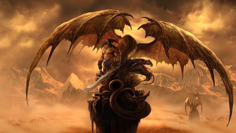 wings, 2K, sword, warrior, Dragon Eternity, dragon, art, helmet, skull, mountains, rock, dragons of eternity