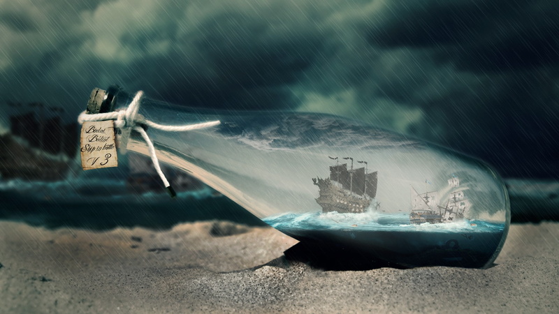 bottles, rain, sea, ships, bottle, battles, vortex, baiaalint, budai, sand, ship, 1080P, storm