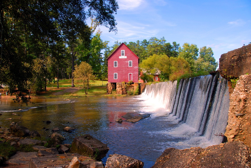 trees, flowing water, architecture, built structure, plant, s, rock, outside, day, 4K, sky, dam, fayetteville, gristmill, georgia, heritage, agriculture