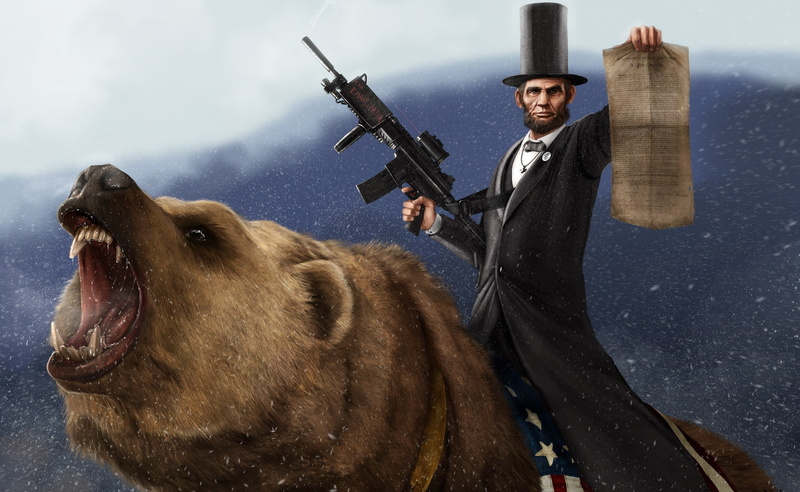 one person, mouth open, artwork, bear, anger, riding, pets, gun, mammal, weapon, males, abraham, canine, aggression, Artistic, 2K, one animal, portrait