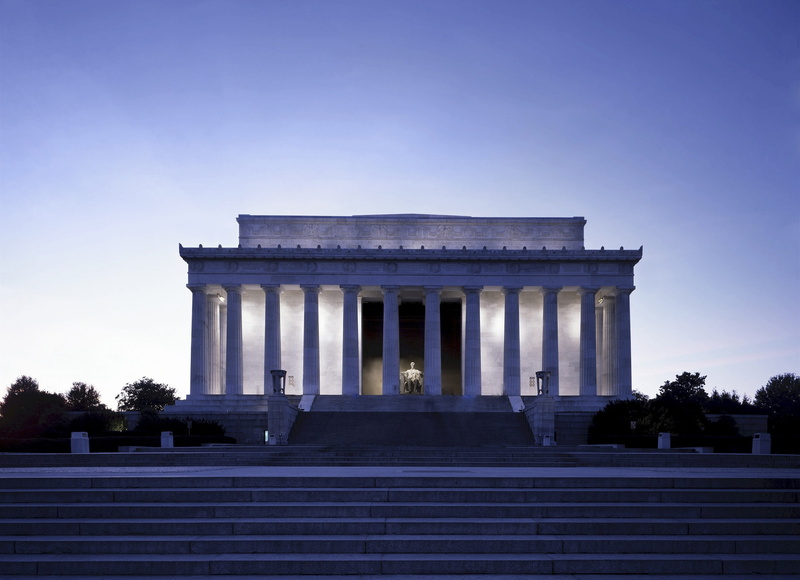 blue, lincoln memorial, staircase, architectural column, view, city, statue, president lincoln, building, 2K, memorial, sky, cityscape, landmark, no people