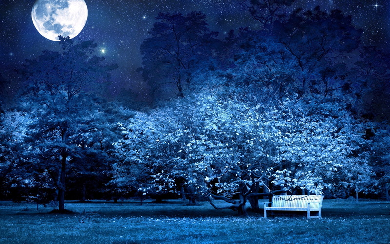 Blue, hd, 2K, bench, moons, moon, night, space, art